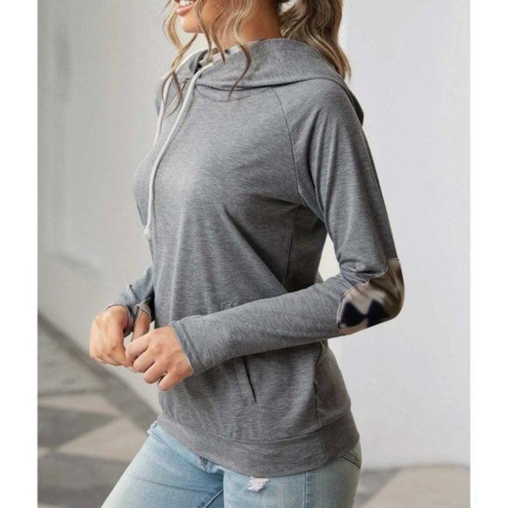 Gray Double Hooded Sweatshirt with Camo Elbow Patch and Inner Hooded 2XL - Picture 4 of 11